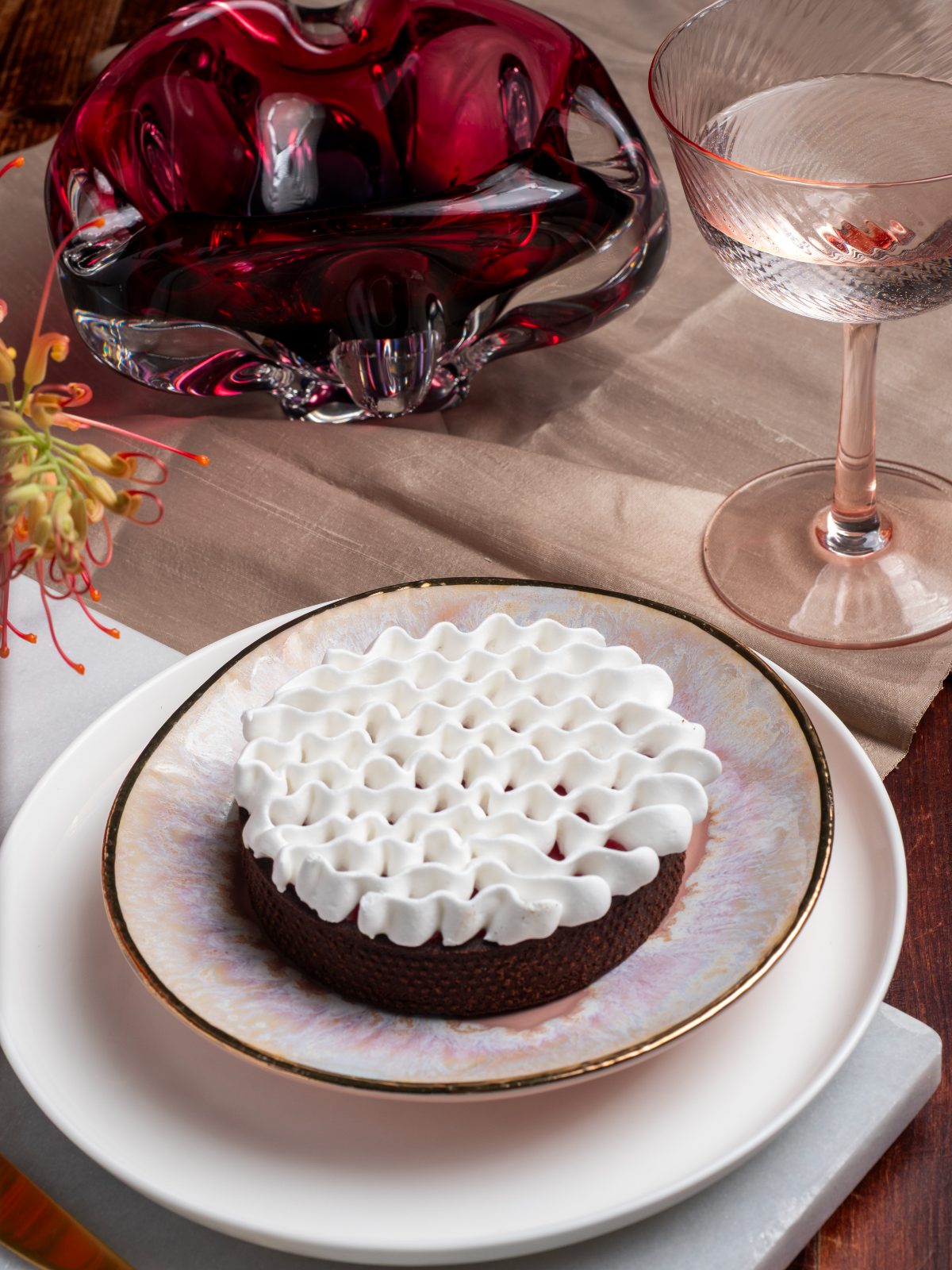 Raspberry curd chocolate tart, cross section