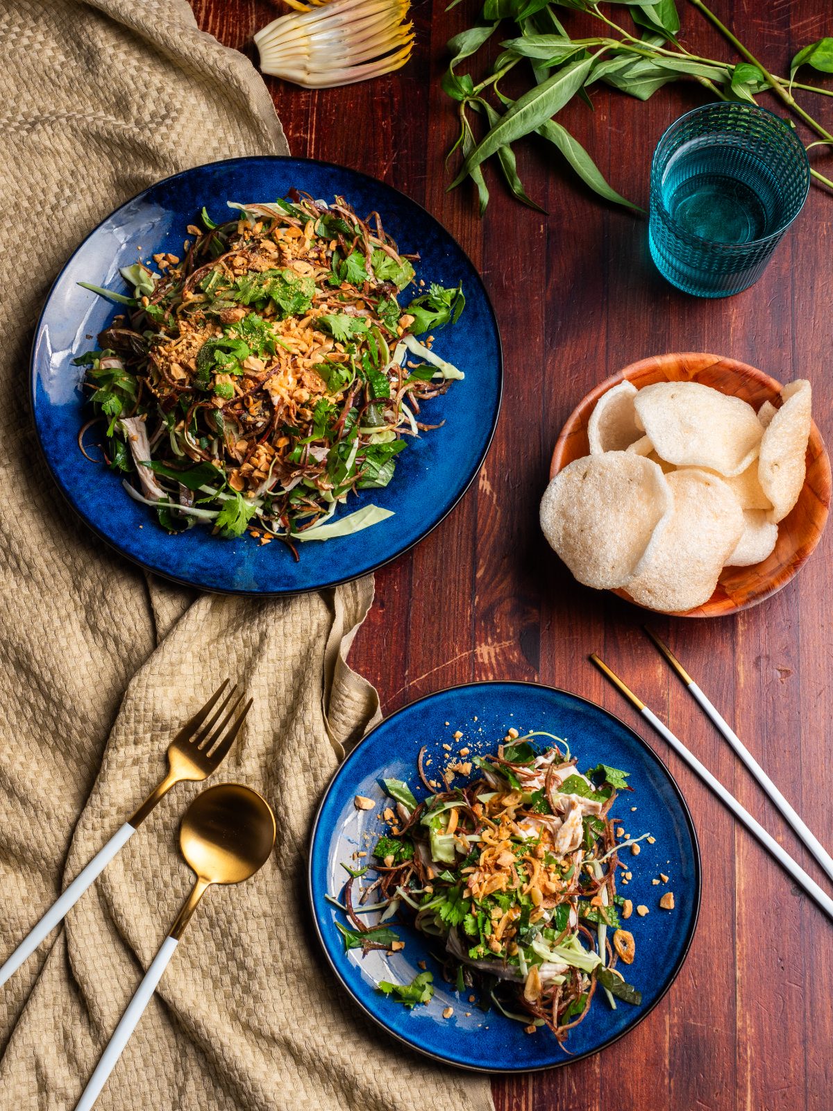 Vietnamese blossom salad on two blue plates