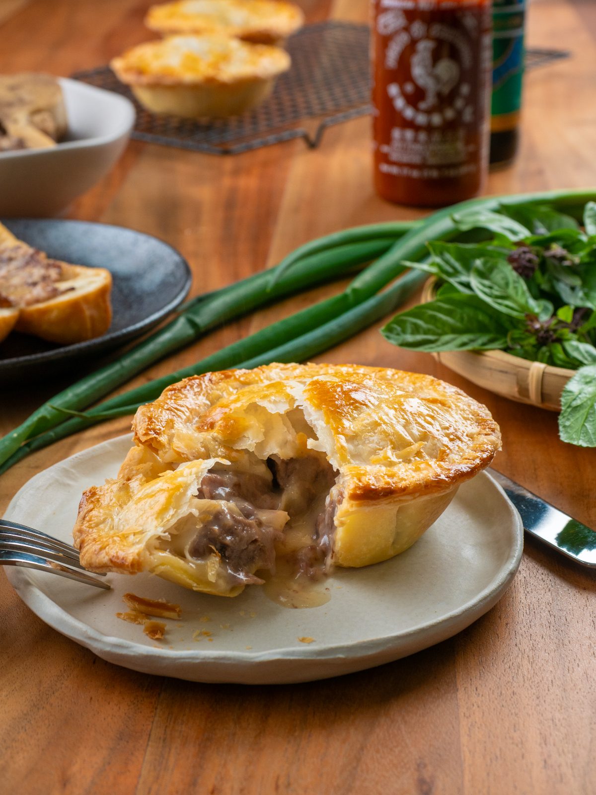 Pho pie cut open, filling visible