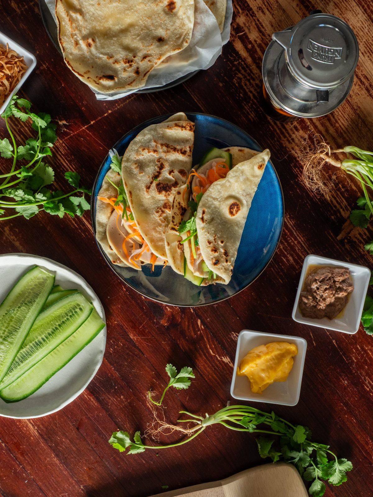 Banh mi tacos on a blue plate
